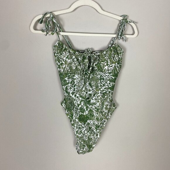 Berlook Retro Floral Drawstring Ruched One-Piece Swimsuit Womens XS Green - Picture 3 of 8